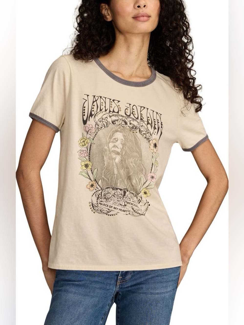 NWT Lucky Brand Floral Janis Joplin Graphic Ringer T-Shirt Small